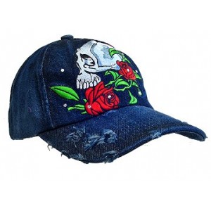 Embroidery Tattoo Cap – 12 PCS Horror Skull (Washed Cotton) - Denim - HT-BSH100DN