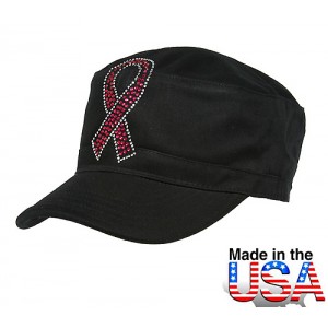 Military Cap – 12 PCS w/ Jeweled Breast Cancer Awareness Sign - Black - HT-C7005BK