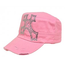 Military Cap – 12 PCS W/ Rhinestone Cross Sign - Pink - HT-C7009PK