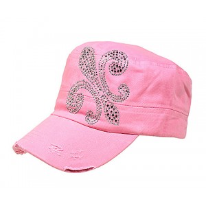 Military Cap – 12 PCS W/ Rhinestone Fleur de Lis Sign - Pink - HT-C7018PK