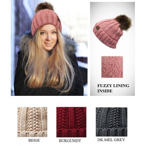 Beanie Caps – 12 PCS Fuzzy Lined Beanie w/ Faux Fur Pom - HT-YJ-820