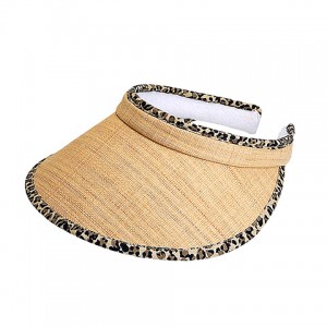 Straw Visor Hats – 12 PCS Raffia Straw Clip-On w/ Leopard Print Trim And Terry Cloth Sweatband - HT-8401