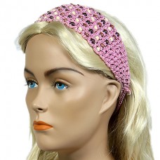 Headband - 12 pcs Wooden Beaded Crochet Headband - Pink - HB-HDB1011.03