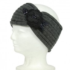 Headwraps / Neck Warmer – 12 PCS w/ Knitted Flower + Beaded Leaves - Gray Color - HB-HW105GY