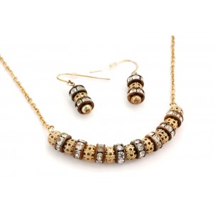 Necklace & Earrings Set – 12 Brass Tone Carving Balls + Crystal Rings - NE-GM46NEK