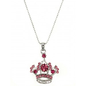 Necklace – 12 PCS Crown Charm - Silver w/ Swarovski Crystals - Pink - NE-N1394PK