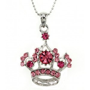 Necklace – 12 PCS Crown Charm - Silver w/ Swarovski Crystals - Pink - NE-N1394PK