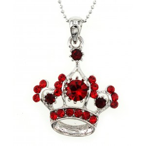 Necklace – 12 PCS Crown Charm - Silver w/ Swarovski Crystals - Red - NE-N1394RD