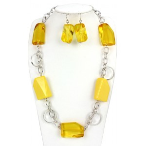 Necklace & Earrings Set – 12 Faceted Acrylic Beaded NE + ER Set w/ Silver Coating Chain - Yellow - NE-S6675LYEL