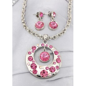 Gift set:  12 Swarovski Crystal Round Charm Necklace & Earring Set - Rhodium Plating - Pink -NE-ST1039SVPK