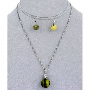 Necklace & Earrings Set – 12 Natural Stone Round Charm Necklace & Earring Set - Olive - NE-11871OL