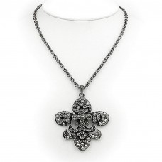 Necklace – 12 PCS Fleur De Lis Charm Necklace - 3-Layer Paved Rhinestone - Hematite - NE-12252HE