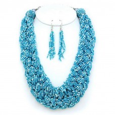 Necklace & Earrings Set – 12 Multi Strand Beaded Woven Necklace & Earrings Set - TQ Blue - NE-12269TQ