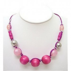 Necklace – 12 PCS Wooden Beads Necklace - Hot Pink Color - NE-245HP