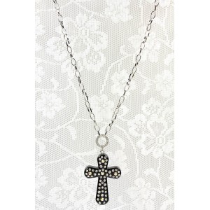 Necklace – 12 PCS Cross Charm Necklace - OPQ Paved With Crystals - Black - NE-AACN6312B