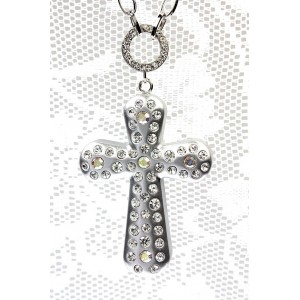 Necklace – 12 PCS Cross Charm Necklace - OPQ Paved With Crystals - Silver - NE-AACN6312S