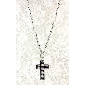 Necklace – 12 PCS Cross Charm Necklace - OPQ Paved With Crystals - Black - NE-AACN6313B