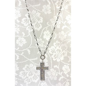 Necklace – 12 PCS Cross Charm Necklace - OPQ Paved With Crystals - Silver - NE-AACN6313S