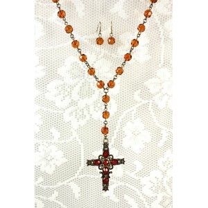 Necklace & Earrings Set – 12 Beaded Cross Necklace + Earring Set - Topaz - NE-ACQN4679G