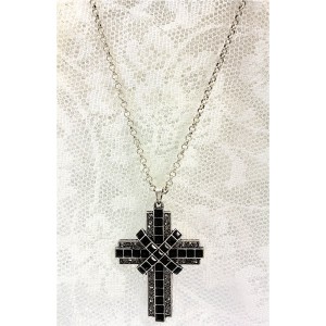 Necklace – 12 PCS Cross Charm Necklace - Burnish-Like Silver w/ Black Stones - NE-ACQN4753B