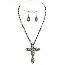 Necklace & Earrings Set – 12 Cross Charm Necklace & Earrings Set - Hematite Plating w/ Clear Stones - NE-ACQS1144HA