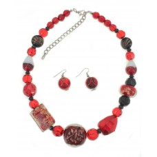 Necklace & Earrings Set – 12 Multi Beads Necklace & Earring Set - Glass Ball w/ Red Beads - NE-ACS9856