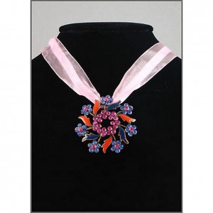 Necklace – 12 PCS Rhinestone Floral Charm w/ Ribbon Necklace - Pink - NE-EK180PK