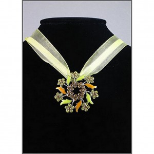Necklace – 12 PCS Rhinestone Floral Charm w/ Ribbon Necklace - Yellow - NE-EK180YL