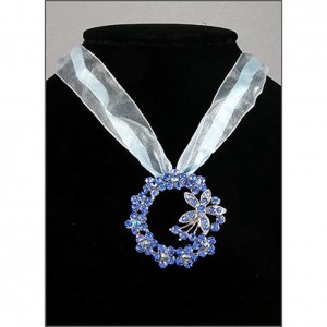 Necklace – 12 PCS Rhinestone Floral Charm w/ Ribbon Necklace - Blue -NE-EK192BL
