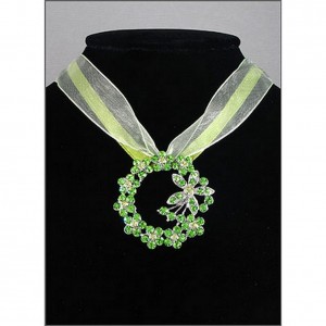 Necklace – 12 PCS Rhinestone Floral Charm w/ Ribbon Necklace - Green -NE-EK192GN