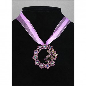 Necklace – 12 PCS Rhinestone Floral Charm w/ Ribbon Necklace - Purple -NE-EK192PL