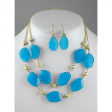 Necklace & Earrings Set – 12 Gem Stone - Double Straps Gold Chain NE+ER Set - TQ Blue - NE-GM313NKTQ