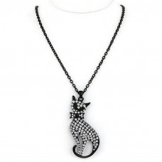 Necklace – 12 PCS Rhinestone Kitty w/ Bow Charms Necklaces - Black - NE-JN4422BK