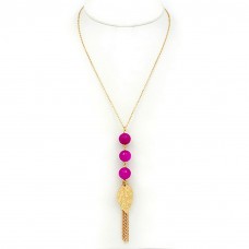 Necklace – 12 PCS Necklace: 3 Genuine Stones w/Leave Shape Pendant & Tassels- 28” - NE-JN651FU