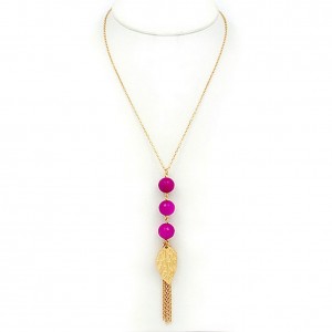 Necklace – 12 PCS Necklace: 3 Genuine Stones w/Leave Shape Pendant & Tassels- 28” - NE-JN651FU