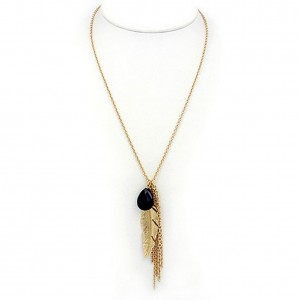 Necklace – 12 PCS Tear Drop Genuine Stone w/ Leave Shape Pendant & Tassels- 28” - NE-JN702JET