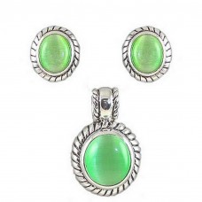 Necklace & Earrings Set – 12 Cat Eye Oval Charm w/ Earrings Set - Emerald - NE-MCE1305ASE