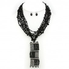 Necklace & Earrings Set – 12 Beaded Multi Strand Necklace & Earrings Set w/ Beaded & Rhinestone Square Pendant - Black - NE-MCN269HMBK