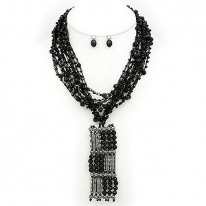 Necklace & Earrings Set – 12 Beaded Multi Strand Necklace & Earrings Set w/ Beaded & Rhinestone Square Pendant - Black - NE-MCN269HMBK