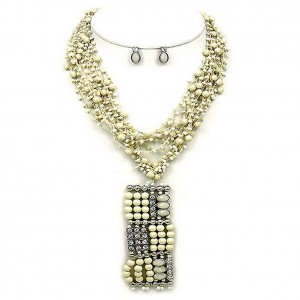 Necklace & Earrings Set – 12 Beaded Multi Strand Necklace & Earrings Set w/ Beaded & Rhinestone Square Pendant - Off White - NE-MCN269WH