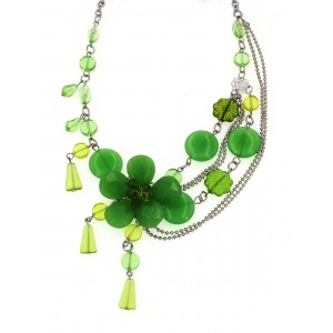 Necklace – 12 PCS Multi Chain Acrylic Beaded Flower - Green - NE-MN0909GN