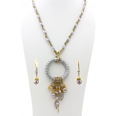 Necklace & Earrings Set – 12 Faux Suede O-Ring W/ Dangle Beads Necklace & Earrings Set - Silver - NE-MS3464S