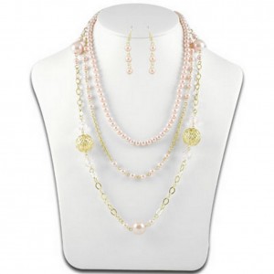 Necklace & Earrings Set – 12 Multi Chain Pearl w/ Big Carved Metal Beads NE+ER Set - Pink - NE-N1388PK