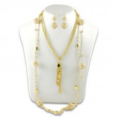 Necklace & Earrings Set – 12 Multi Chain Beaded w/ Big Pearl NE+ER Set - Gold - NE-N1389GD