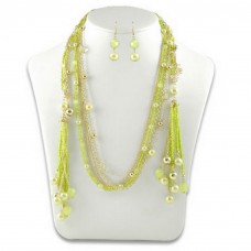 Necklace & Earrings Set – 12 Multi Chain Pearl and Beads NE+ER Set - Green - NE-N1390GN