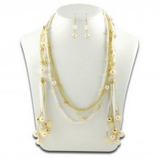 Necklace & Earrings Set – 12 Multi Chain Pearl and Beads NE+ER Set -Natural - NE-N1390NT