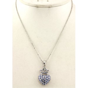 Necklace – 12 PCS Rhinestone Heart w/Crown - Rhodium Plating - Blue - NE-N6628BL