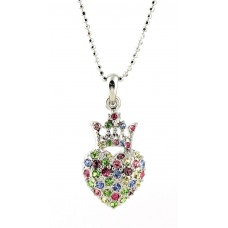 Necklace – 12 PCS Rhinestone Heart w/Crown - Rhodium Plating - NE-N6628MT