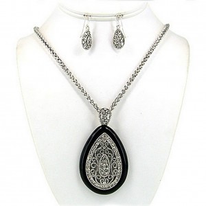 Necklace & Earrings Set – 12 Filigree Tear Drop Charm Necklace & Earrings Set w/ Clear Rhinestones - NE-OS01638ASJET