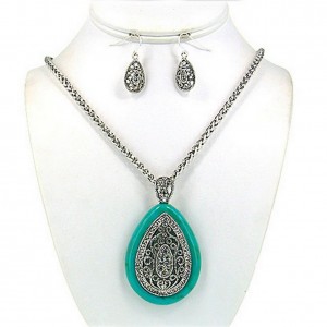 Necklace & Earrings Set – 12 Filigree Tear Drop Charm Necklace & Earrings Set w/ Clear Rhinestones - NE-OS01638ASTQS